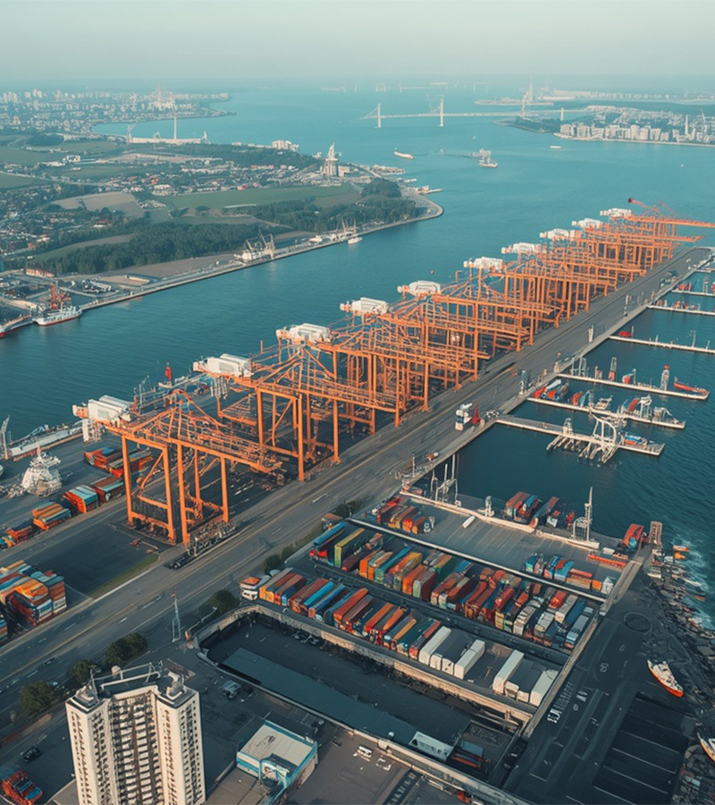 Container terminal yard with gantry cranes loading export cargo