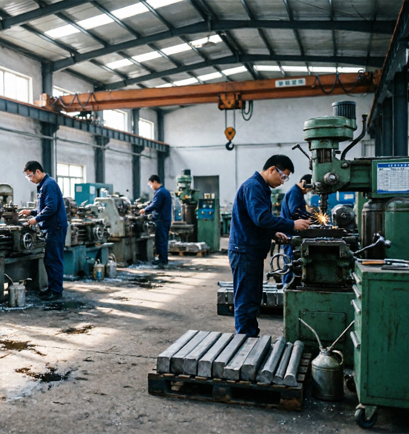 Heavy industrial machinery and processing equipment on a factory floor